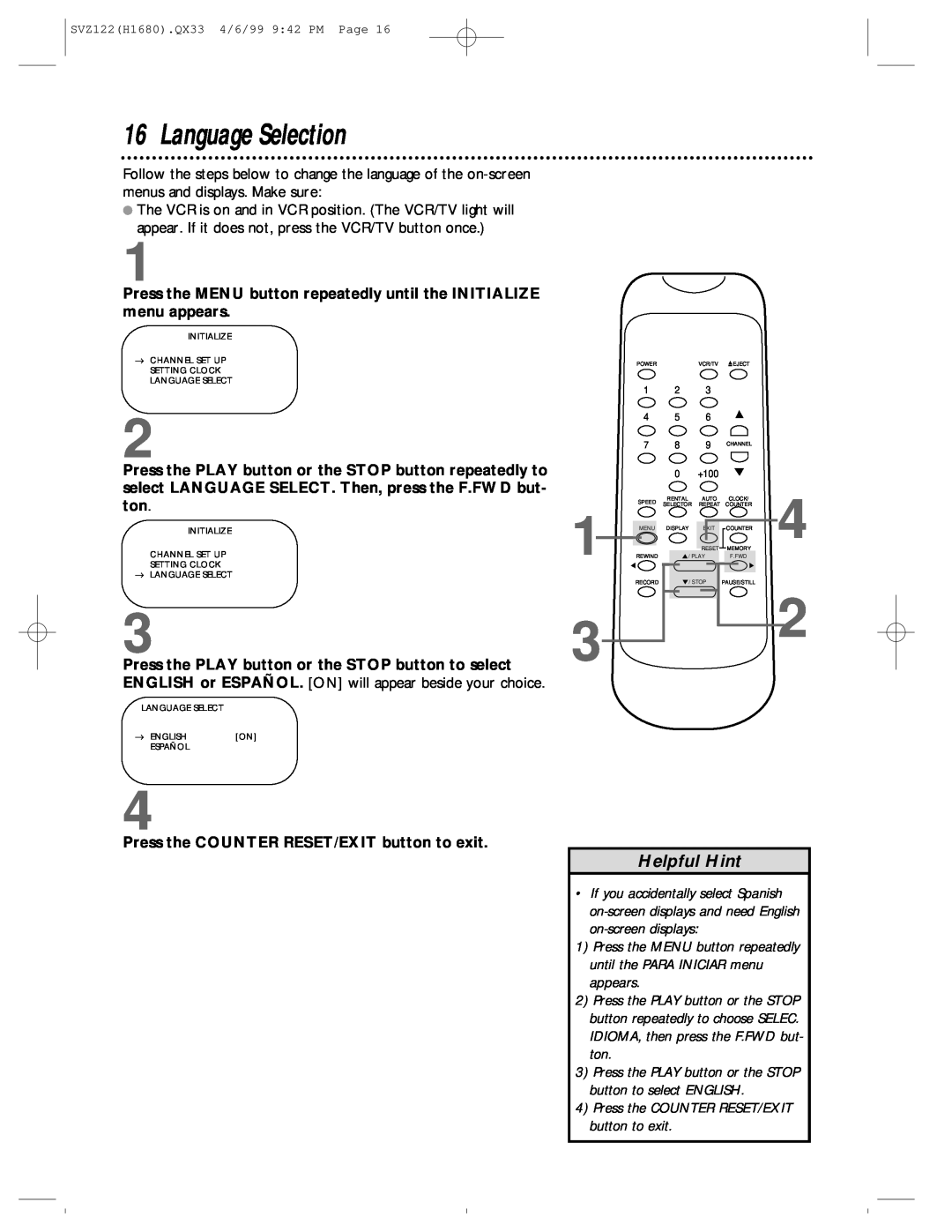 Philips SVZ122 owner manual Language Selection, Helpful Hint, Press the COUNTER RESET/EXIT button to exit, 1 2 4 5, 0 +100 