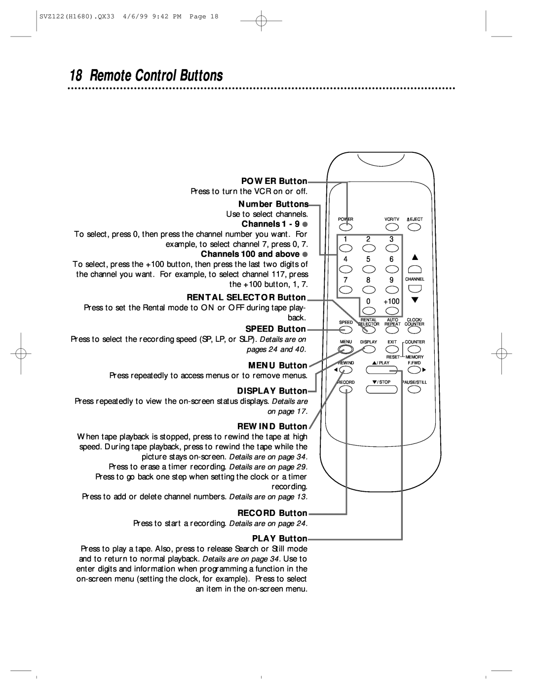Philips SVZ122 owner manual Remote Control Buttons, POWER Button, Number Buttons, RENTAL SELECTOR Button, RECORD Button 