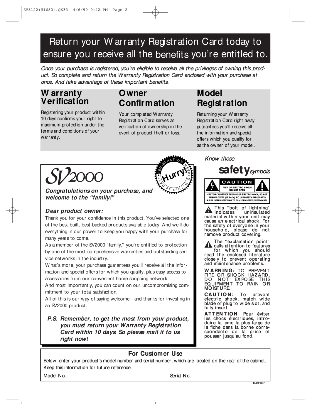 Philips SVZ122 owner manual Warranty Verification, Owner Confirmation, Model Registration, AHurry, Know these safetysymbols 