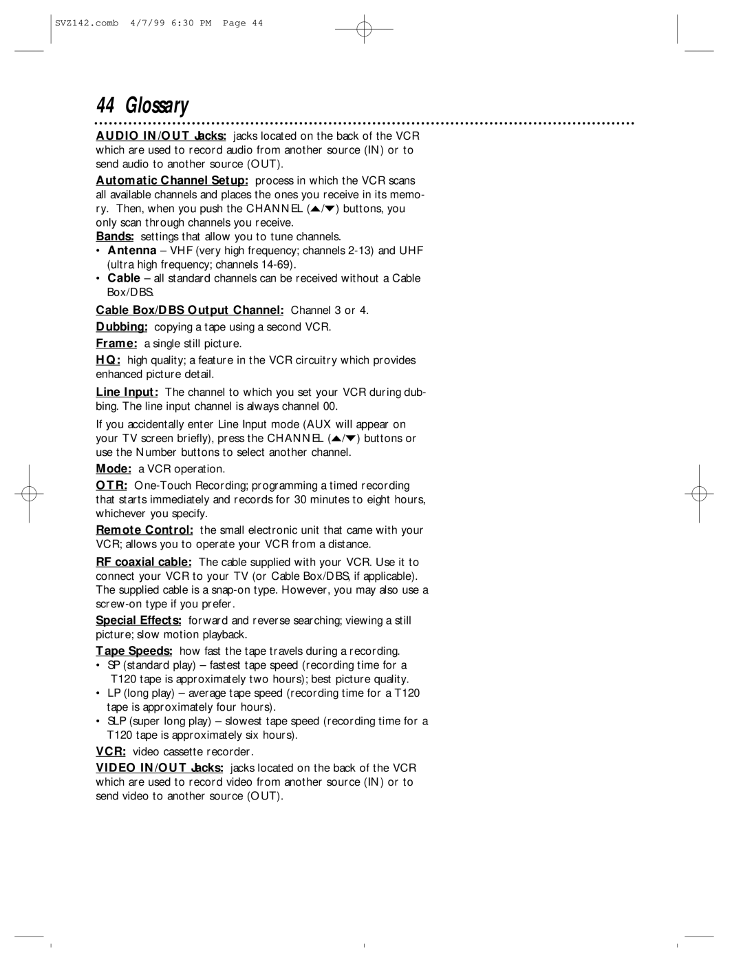 Philips SVZ142 owner manual Glossary, Cable Box/DBS Output Channel Channel 3 or 