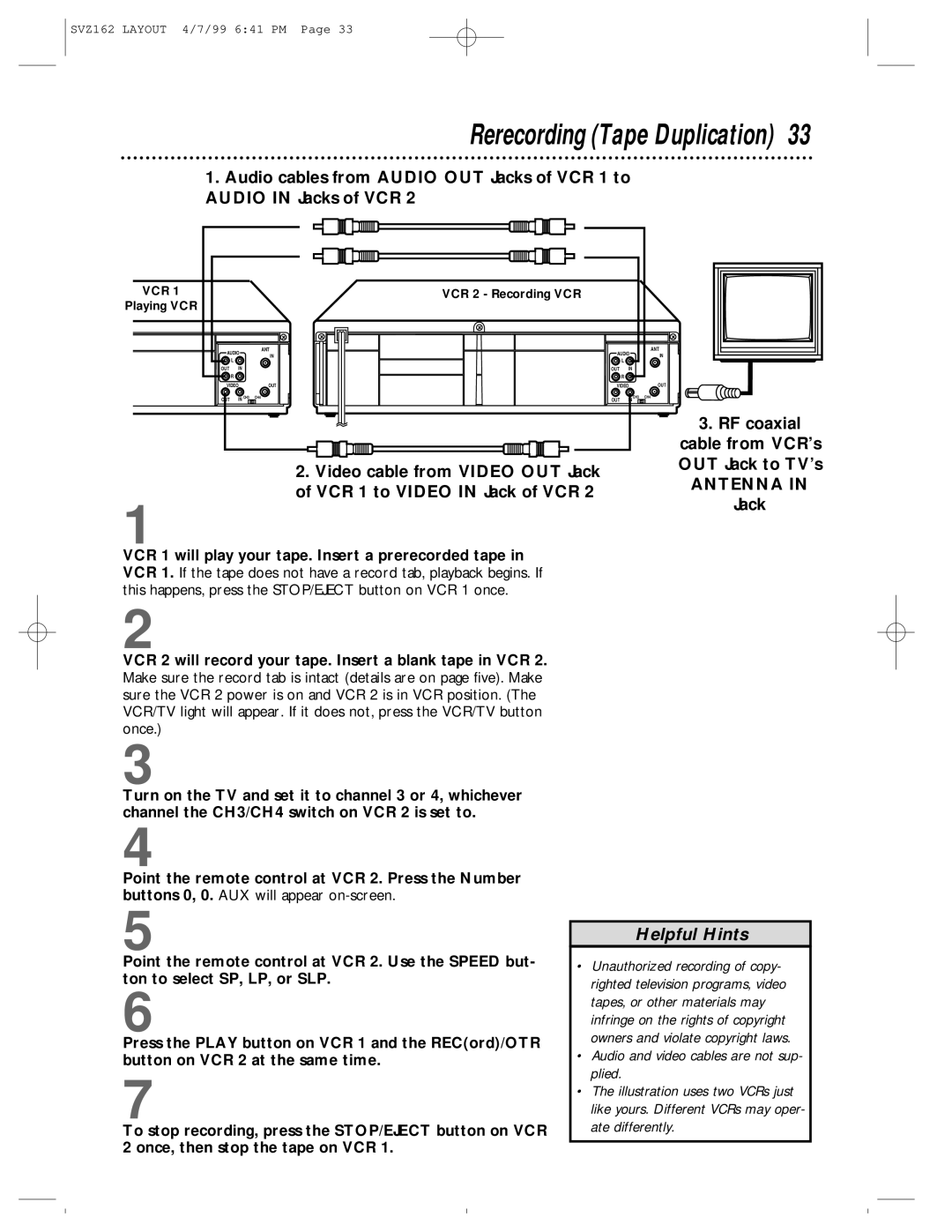 Philips SVZ162 owner manual Rerecording Tape Duplication, Vcr 