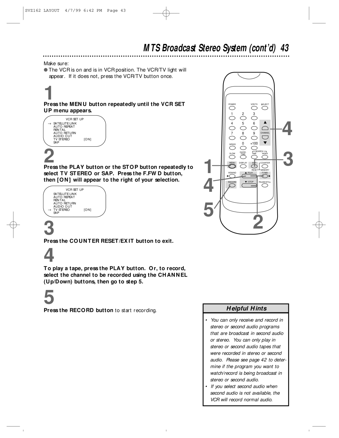 Philips SVZ162 owner manual MTS Broadcast Stereo System cont’d, VCR SET UP Satellite Link 
