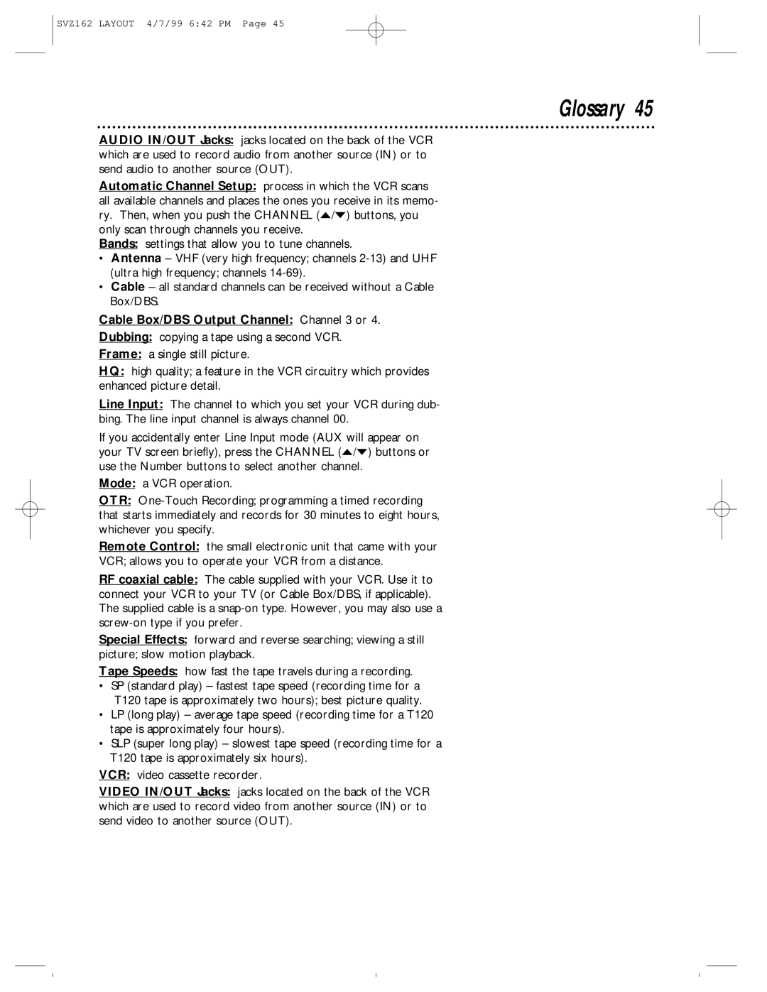 Philips SVZ162 owner manual Glossary, Cable Box/DBS Output Channel Channel 3 or 