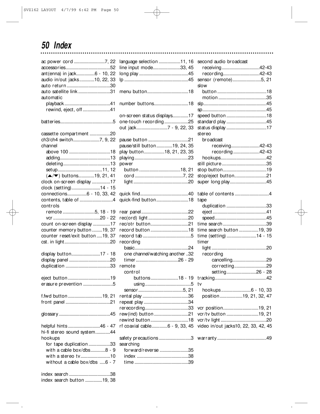 Philips SVZ162 owner manual Index, Automatic 