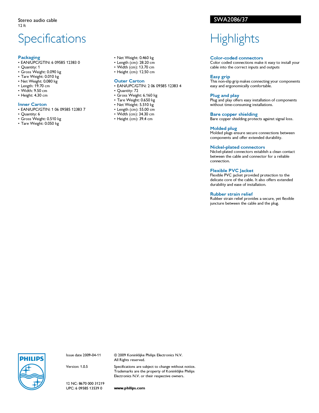 Philips SWA2086/37 manual Specifications, Highlights 