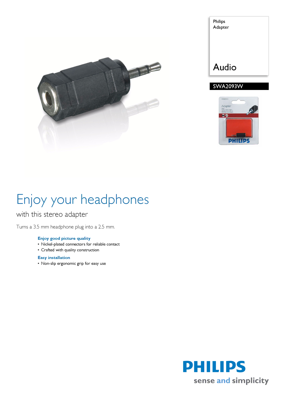 Philips SWA2093W manual Enjoy your headphones, With this stereo adapter, Turns a 3.5 mm headphone plug into a 2.5 mm 