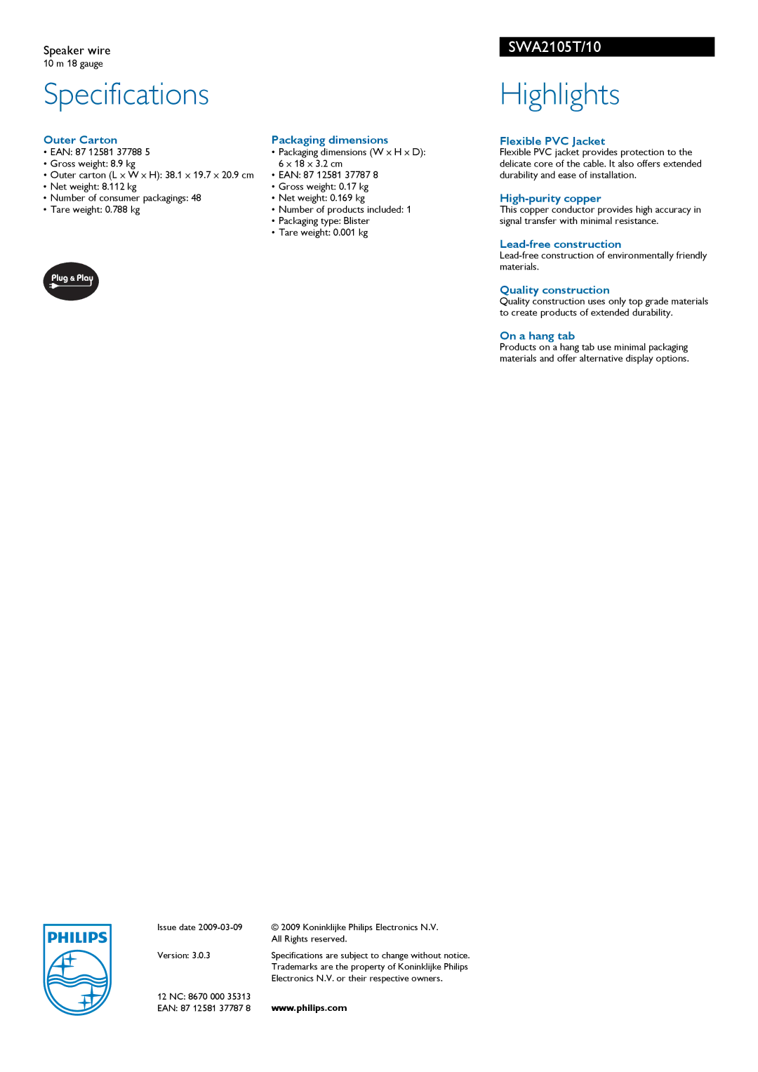 Philips SWA2105T/10 manual Specifications, Highlights 