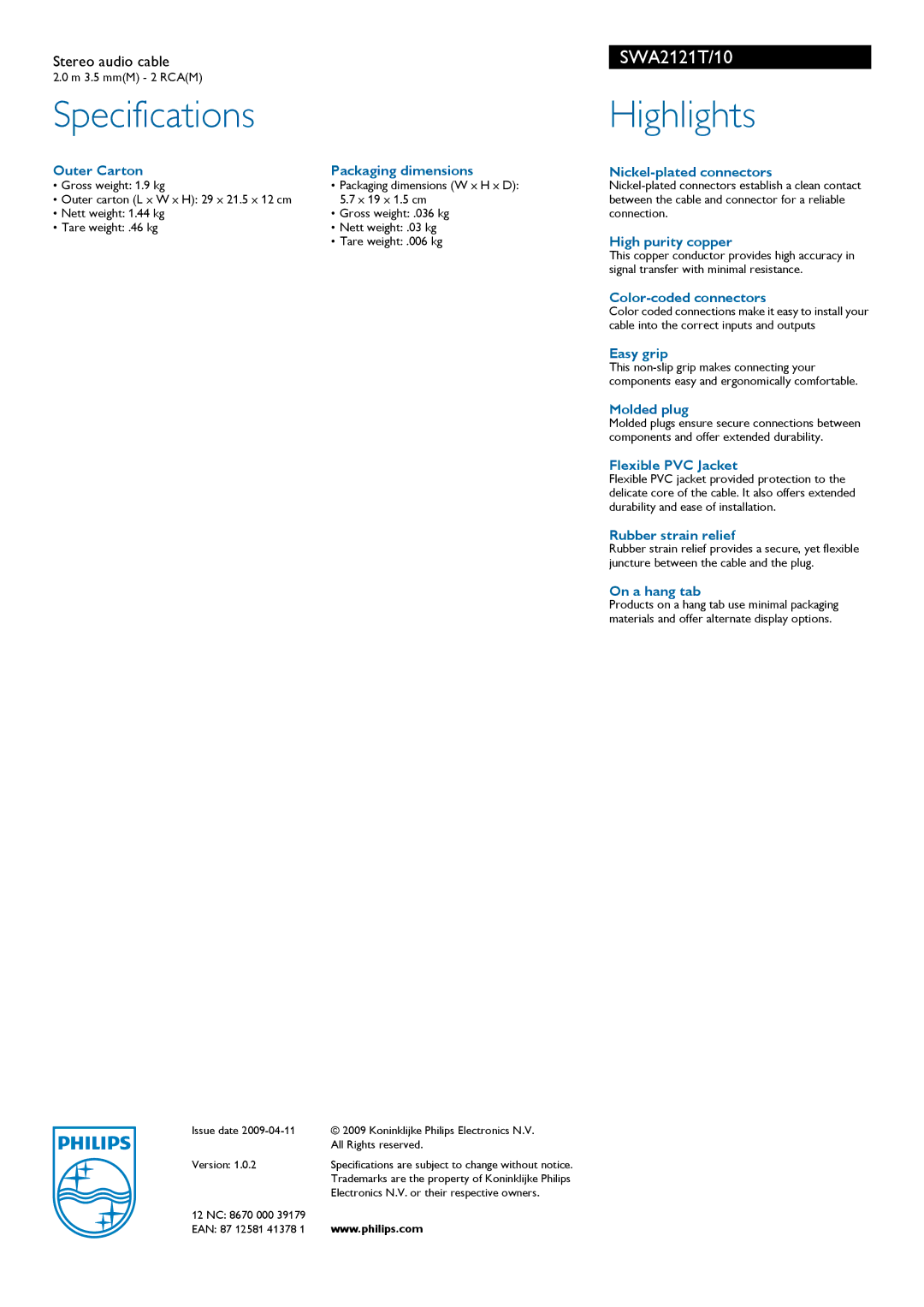 Philips SWA2121T/10 manual Specifications, Highlights 