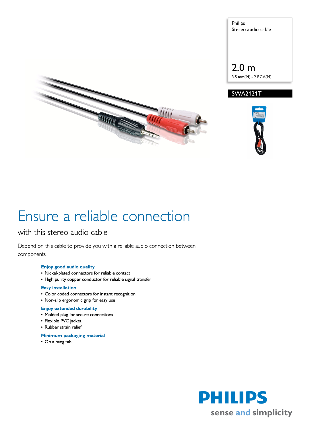 Philips SWA2121T manual Philips Stereo audio cable, Ensure a reliable connection, 2.0 m, with this stereo audio cable 
