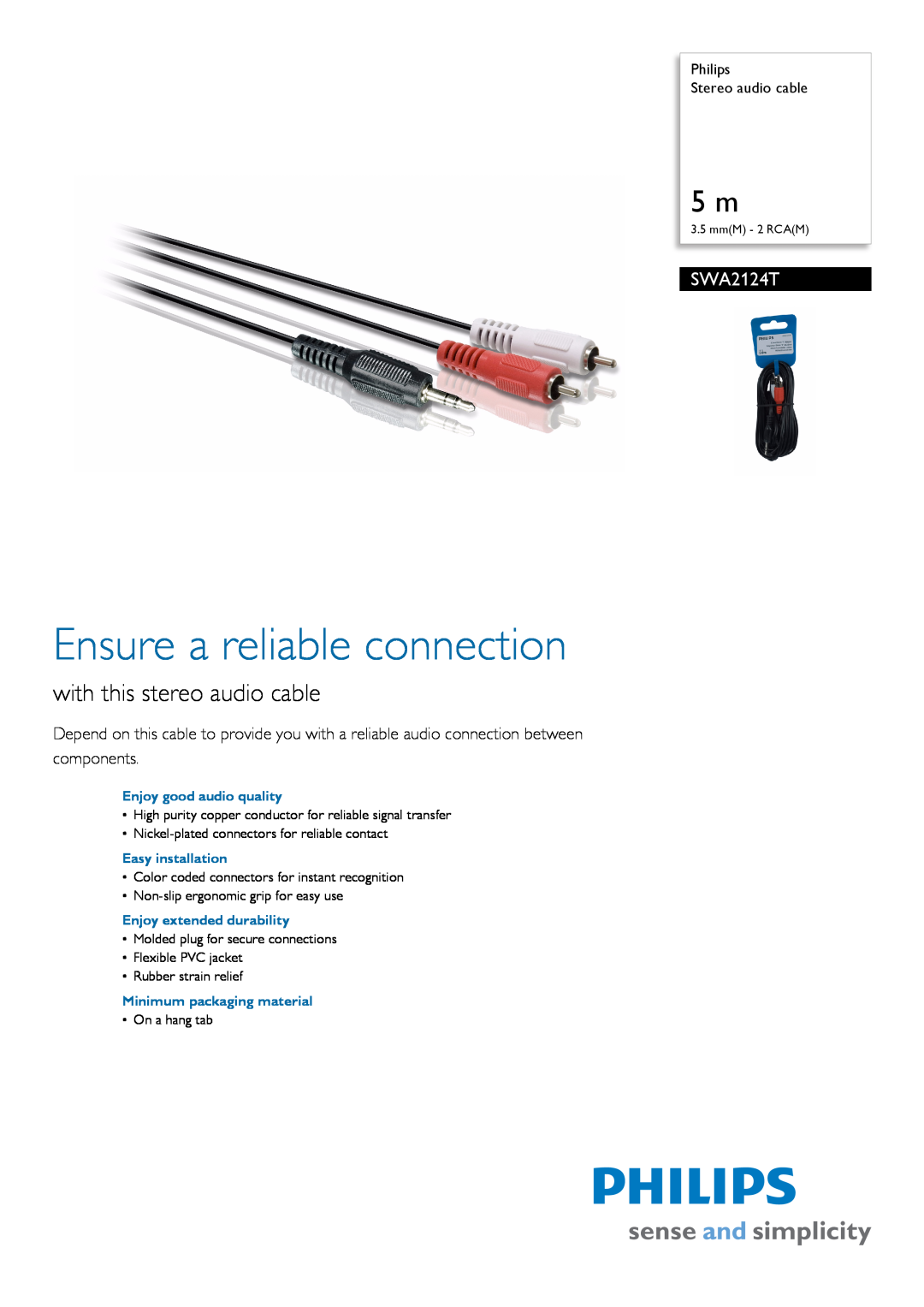 Philips SWA2124T manual Philips Stereo audio cable, Ensure a reliable connection, with this stereo audio cable 
