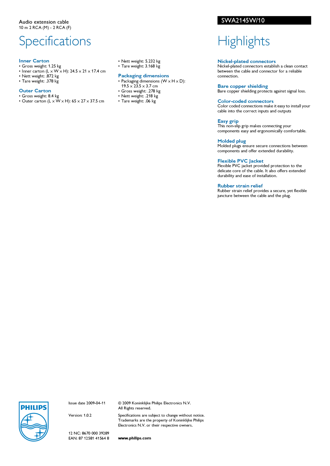 Philips SWA2145W manual Specifications, Highlights 