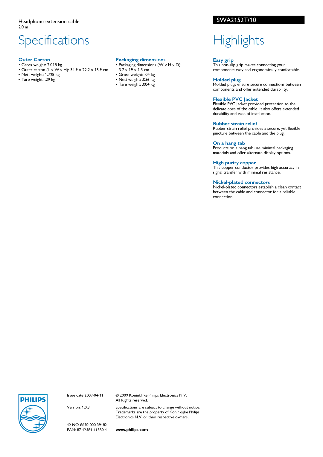 Philips SWA2152T manual Specifications, Highlights 