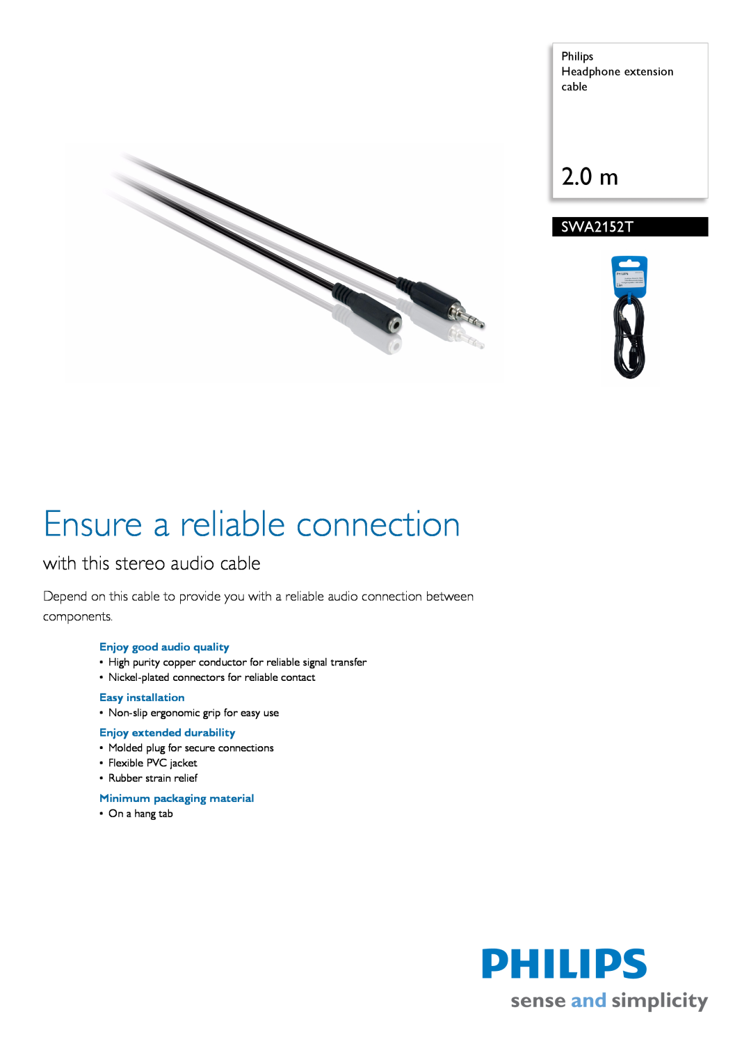 Philips SWA2152T manual Philips Headphone extension cable, Enjoy good audio quality, Easy installation, 2.0 m 