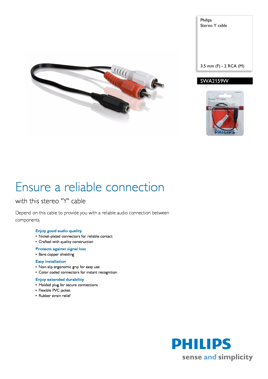 Philips SWA2159W/10 manual Philips Stereo Y cable 3.5 mm F - 2 RCA M, Ensure a reliable connection 