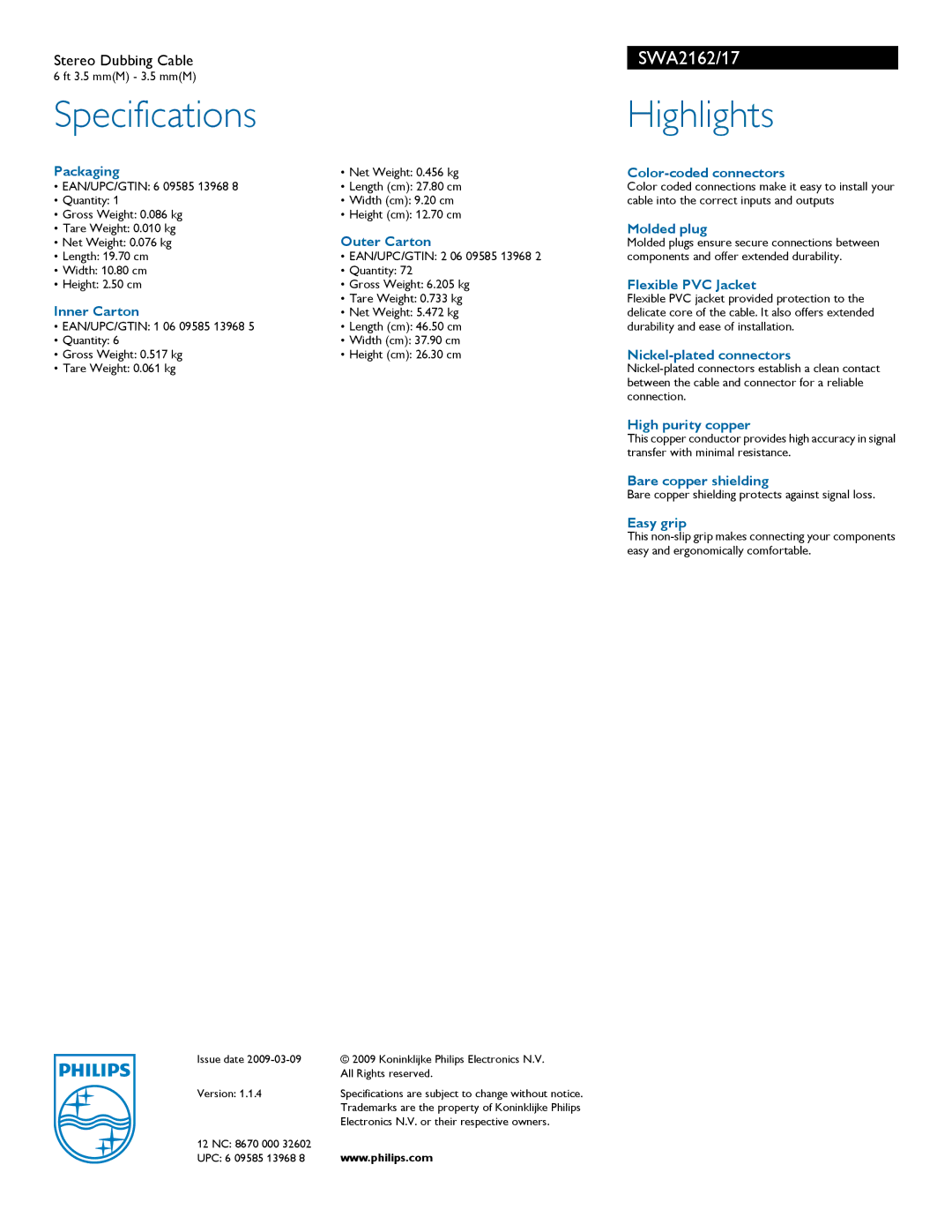 Philips SWA2162 manual Specifications, Highlights 