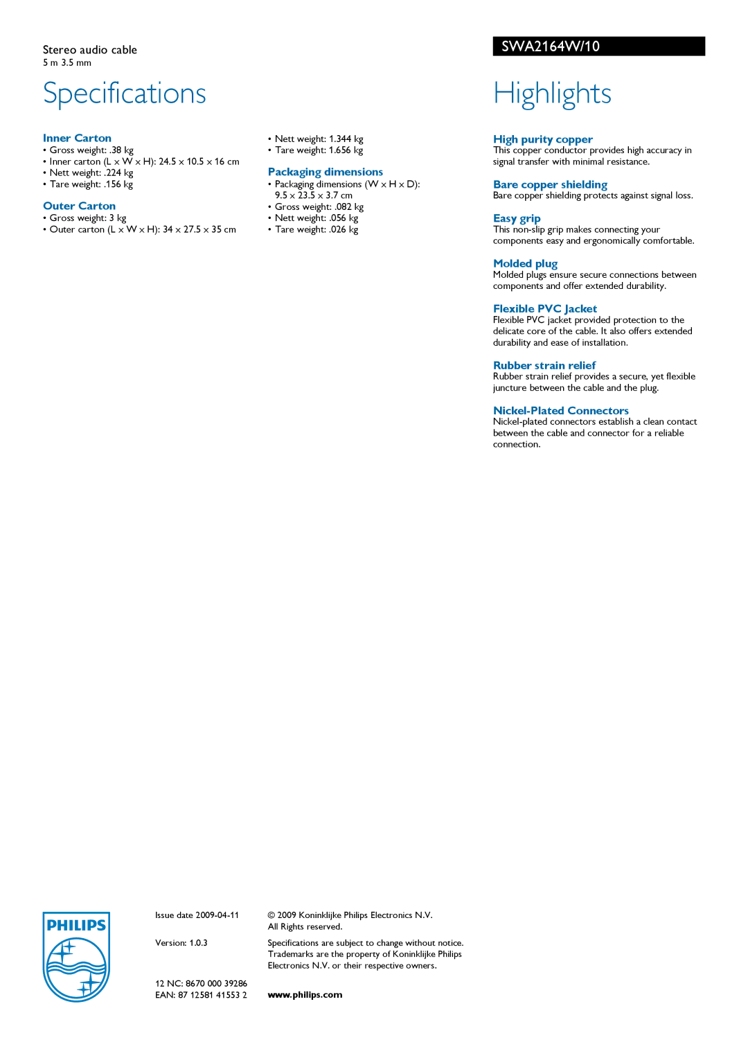 Philips SWA2164W manual Specifications, Highlights 