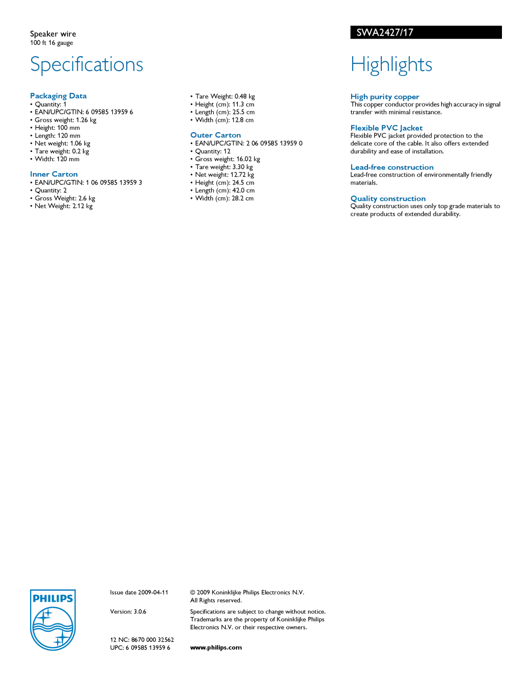 Philips SWA2427/17 manual Specifications, Highlights 