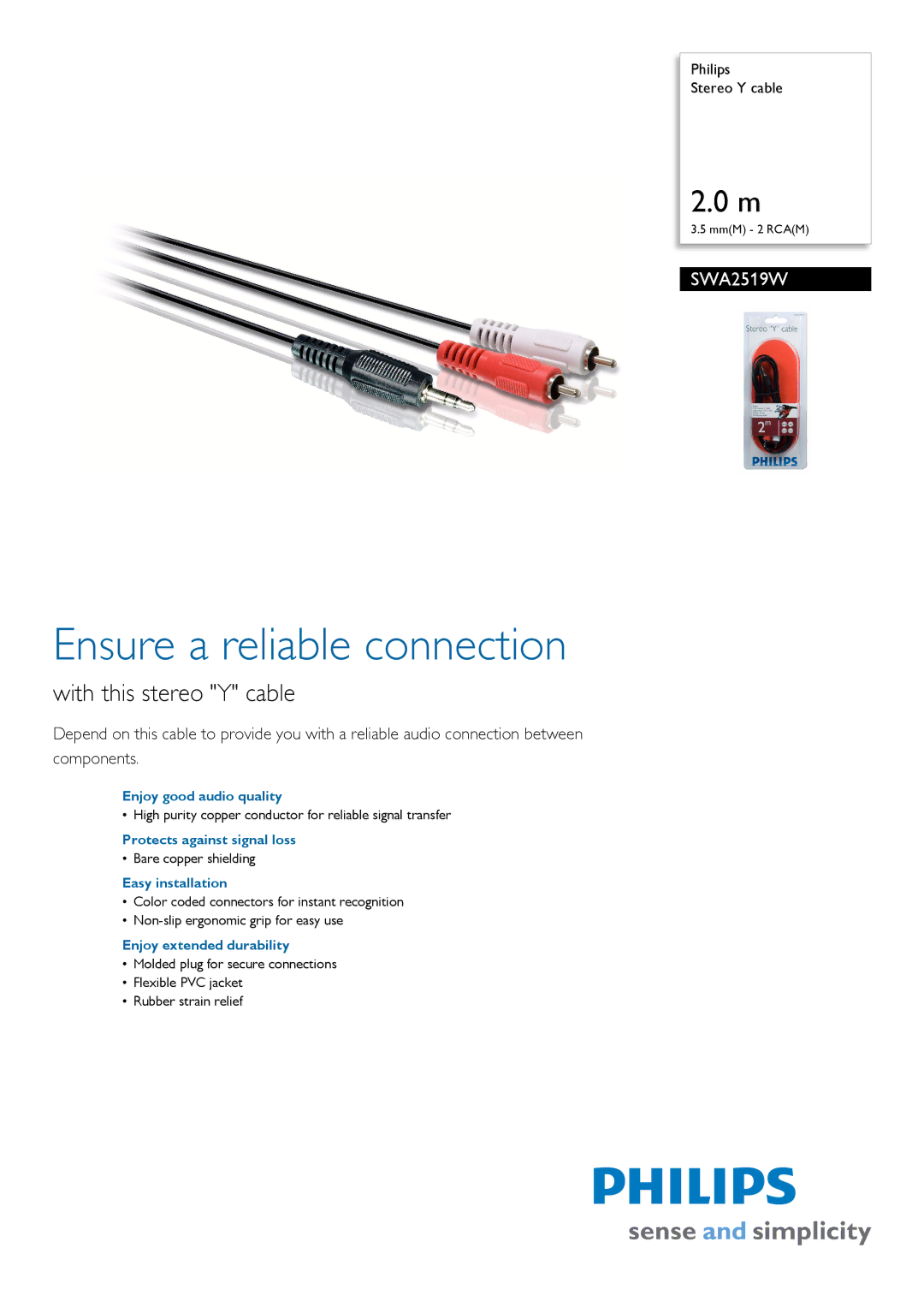 Philips SWA2519W/10 manual Ensure a reliable connection, With this stereo Y cable 