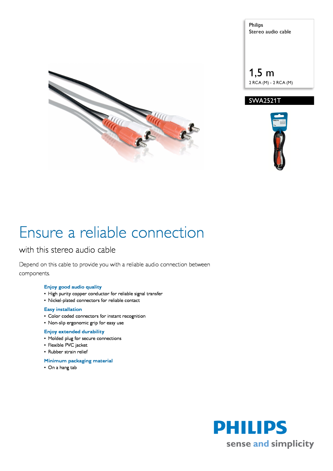 Philips SWA2521T manual Philips Stereo audio cable, Ensure a reliable connection, 1,5 m, with this stereo audio cable 