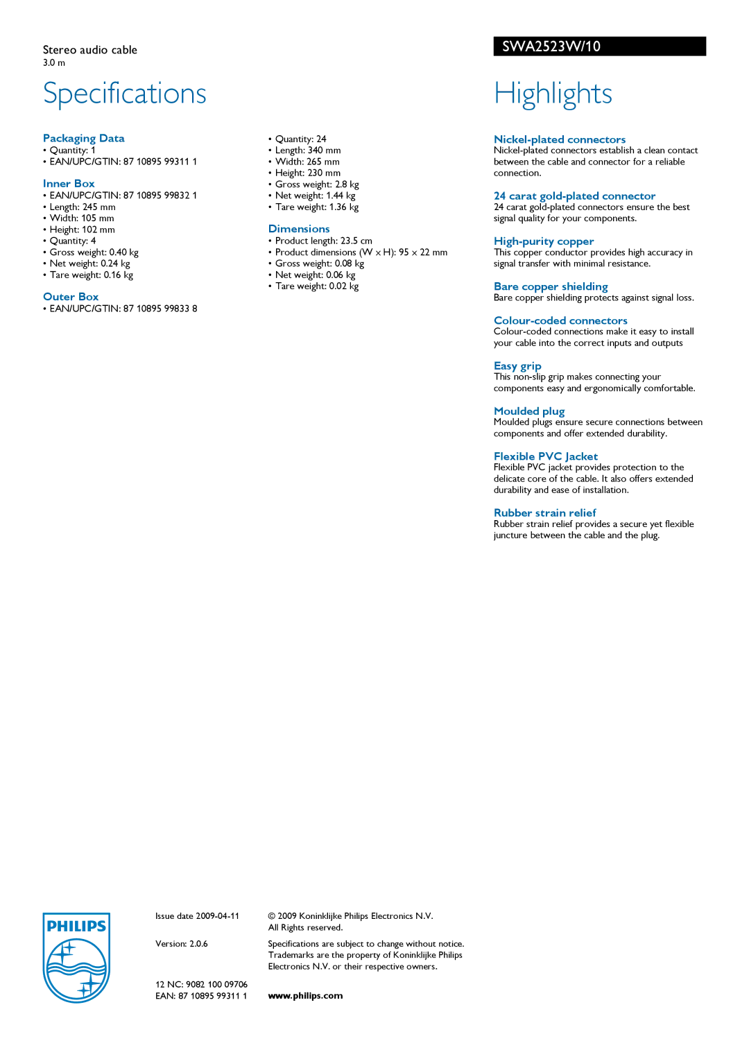 Philips SWA2523W/10 manual Specifications, Highlights 