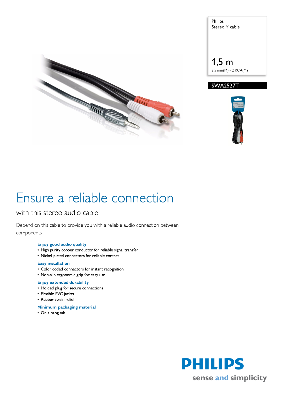 Philips SWA2527T manual Philips Stereo Y cable, Ensure a reliable connection, 1,5 m, with this stereo audio cable 