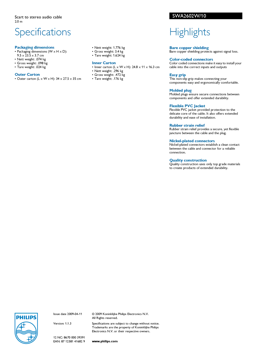 Philips SWA2602W manual Specifications, Highlights 