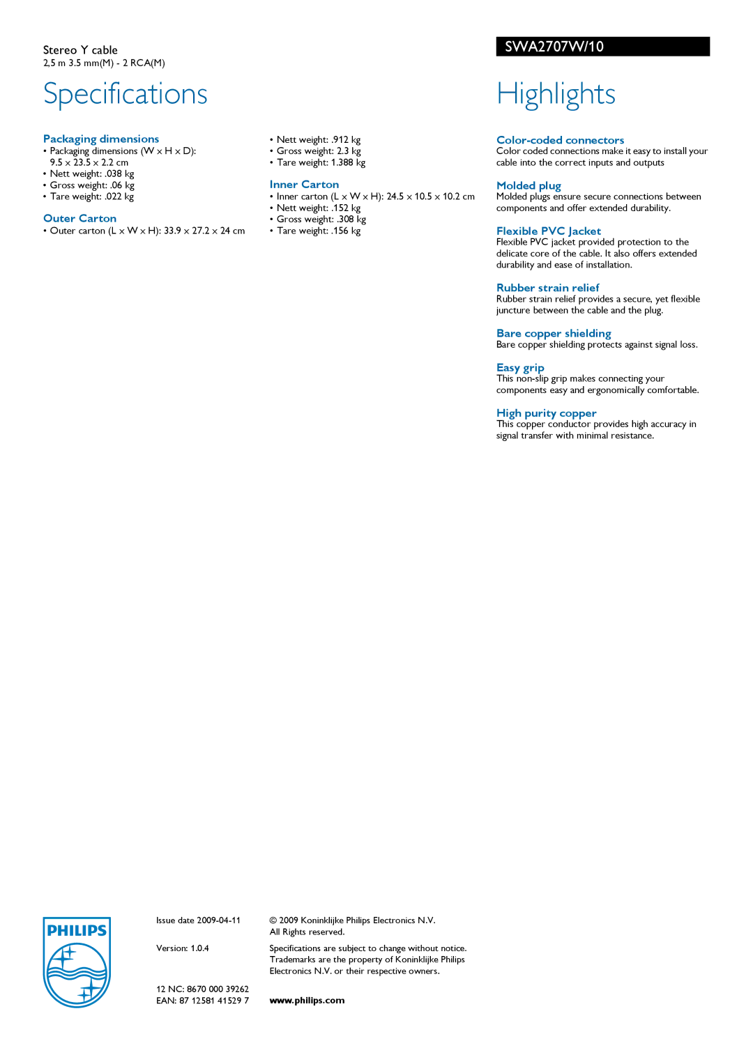 Philips SWA2707W manual Specifications, Highlights 