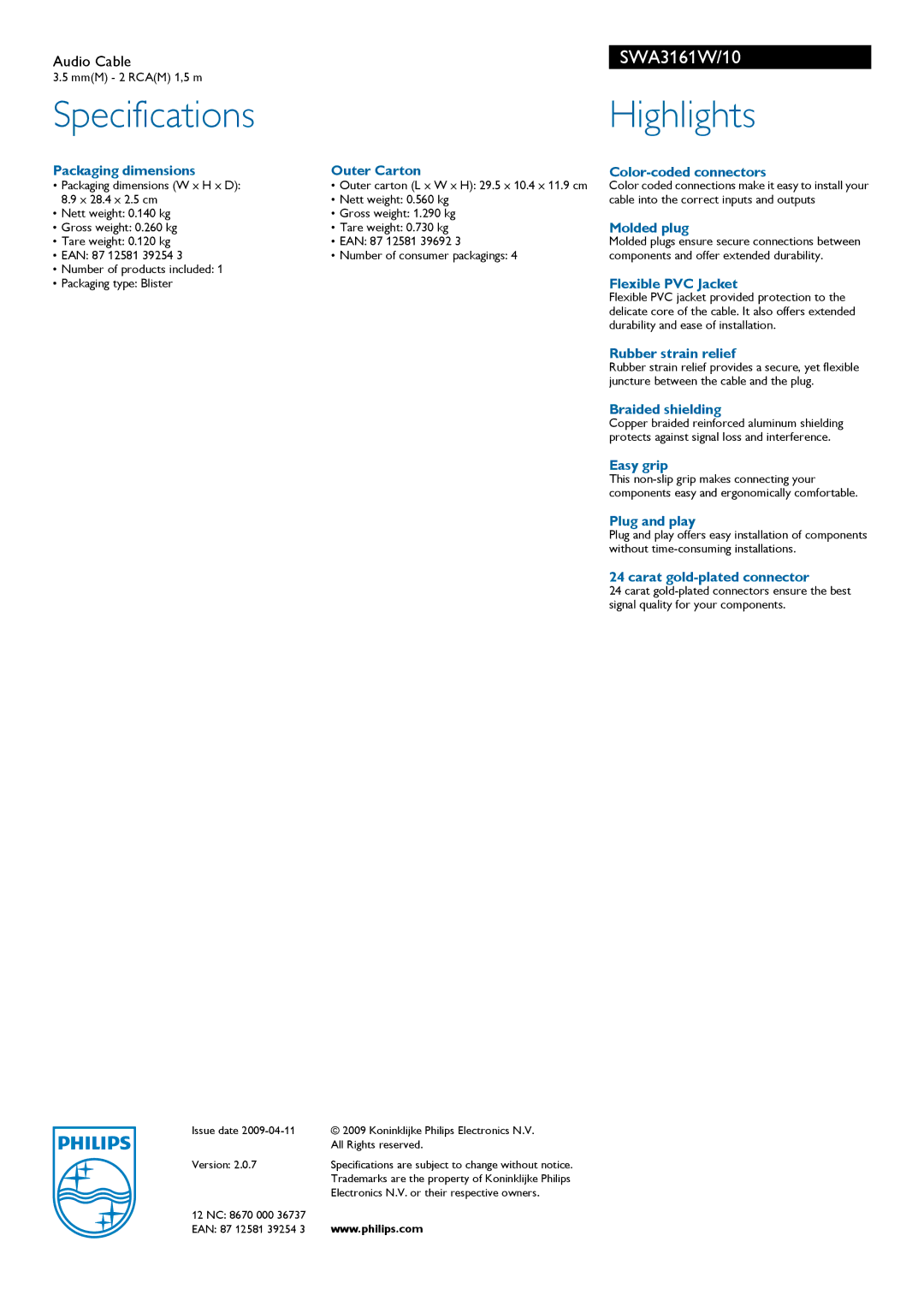 Philips SWA3161W manual Specifications, Highlights 