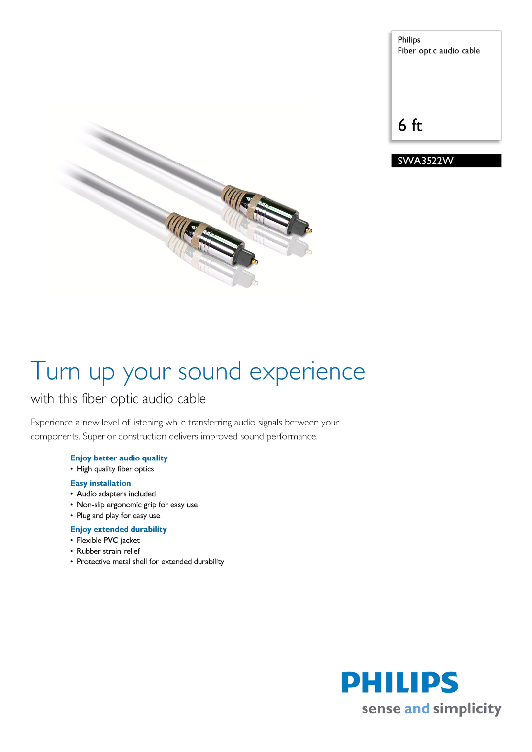 Philips SWA3522W/17 manual Turn up your sound experience, With this fiber optic audio cable, Enjoy better audio quality 