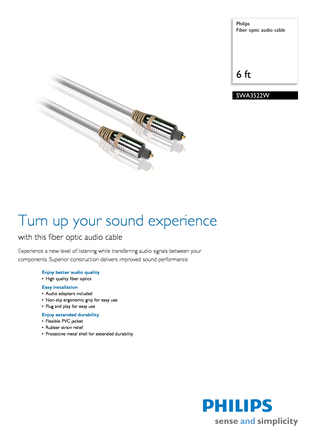 Philips SWA3522W/17 manual Philips Fiber optic audio cable, Enjoy better audio quality, Easy installation, 6 ft 
