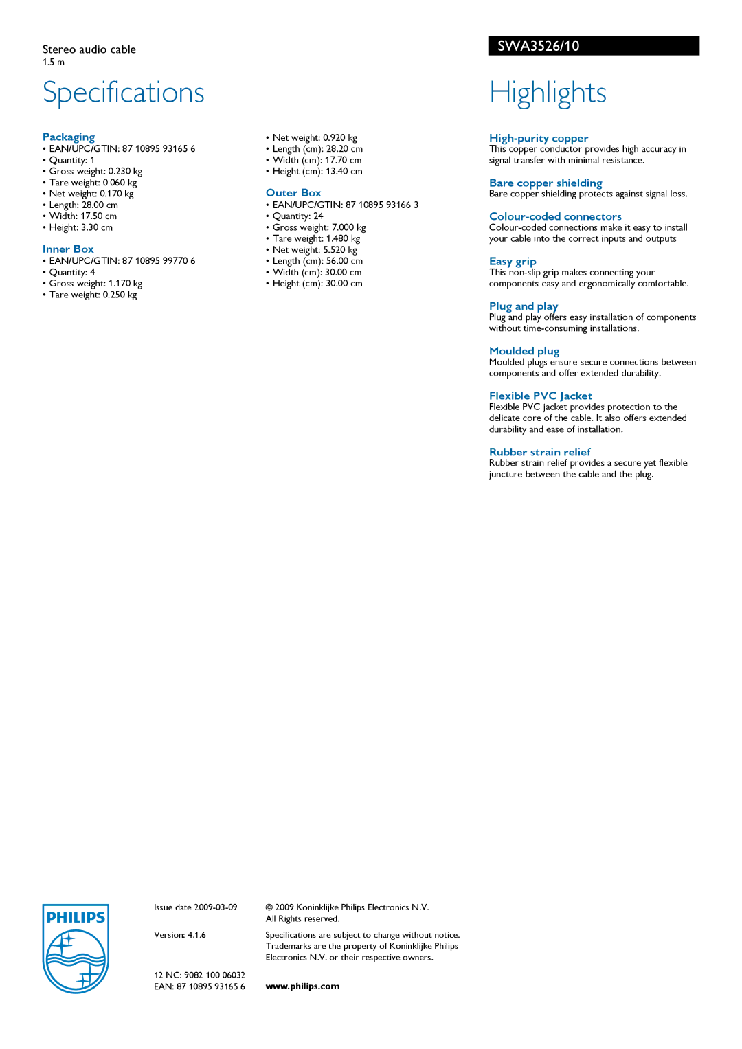 Philips SWA3526/10 manual Specifications, Highlights 