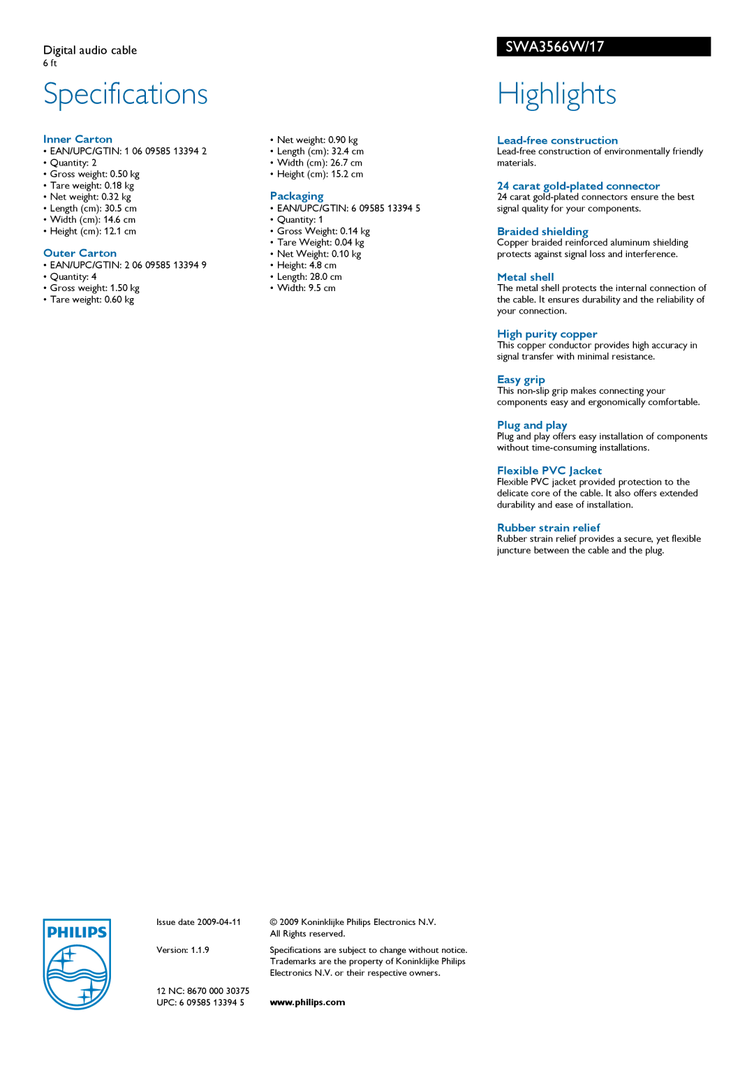 Philips SWA3566W manual Specifications, Highlights 