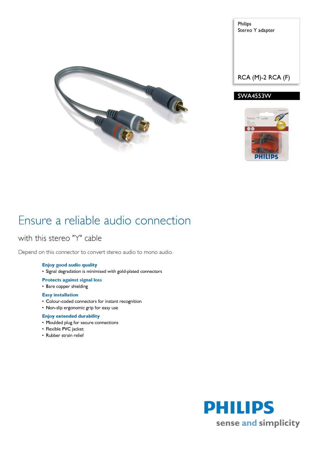 Philips SWA4553W/10 manual Ensure a reliable audio connection, With this stereo Y cable 