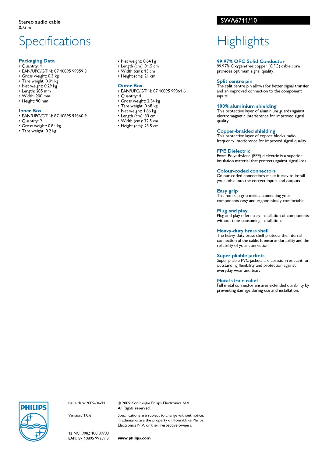 Philips SWA6711/10 manual Specifications, Highlights 