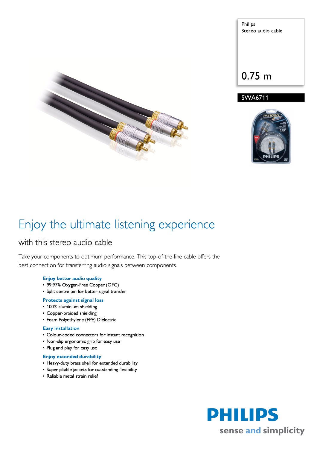 Philips SWA6711/10 manual Philips Stereo audio cable, Enjoy the ultimate listening experience, 0.75 m 