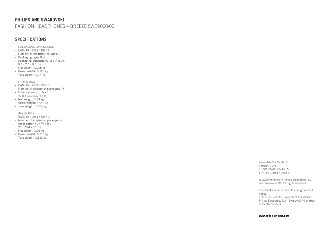 Philips SWB9000/00 manual Philips and Swarovski, Specifications, Packaging Dimensions, Outer BOX, Inner BOX 