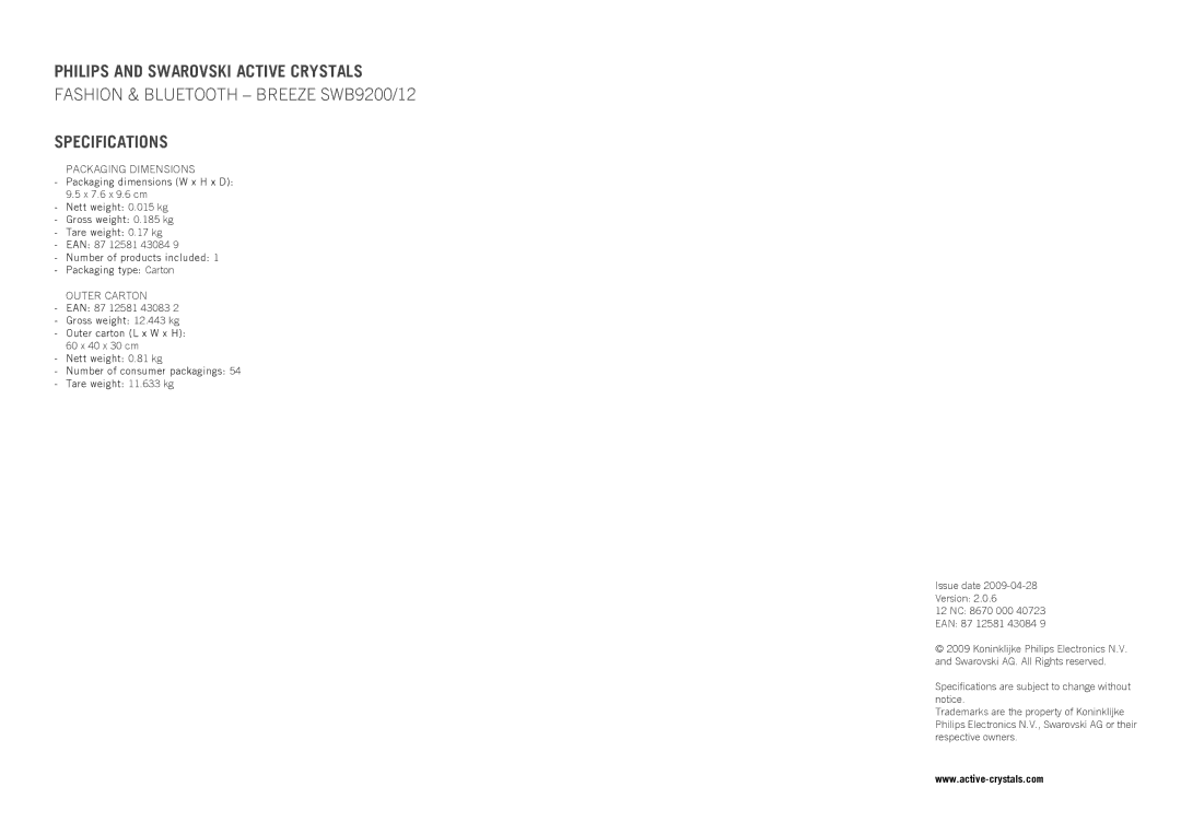 Philips SWB9200/12 manual Philips and Swarovski Active Crystals, Specifications, Packaging Dimensions, Outer Carton 