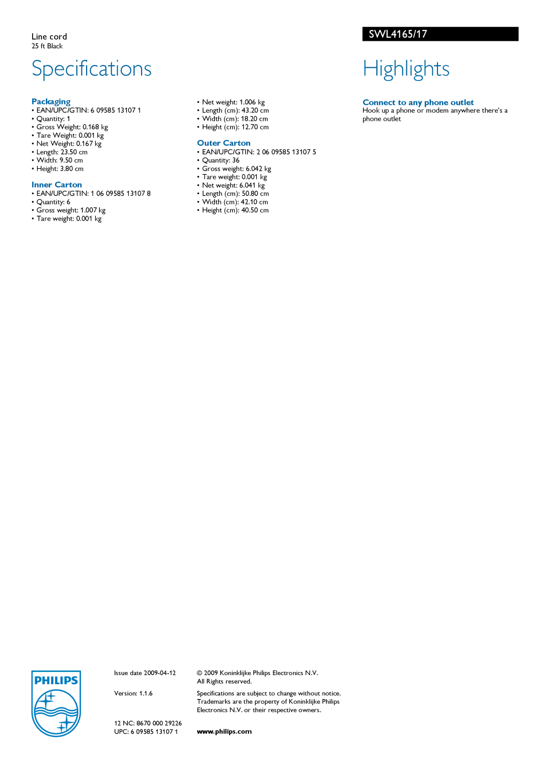 Philips SWL4165 manual Specifications Highlights, Packaging, Connect to any phone outlet, Outer Carton, Inner Carton 