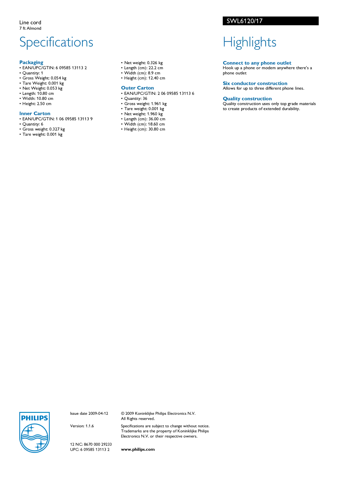 Philips SWL6120 manual Specifications Highlights 