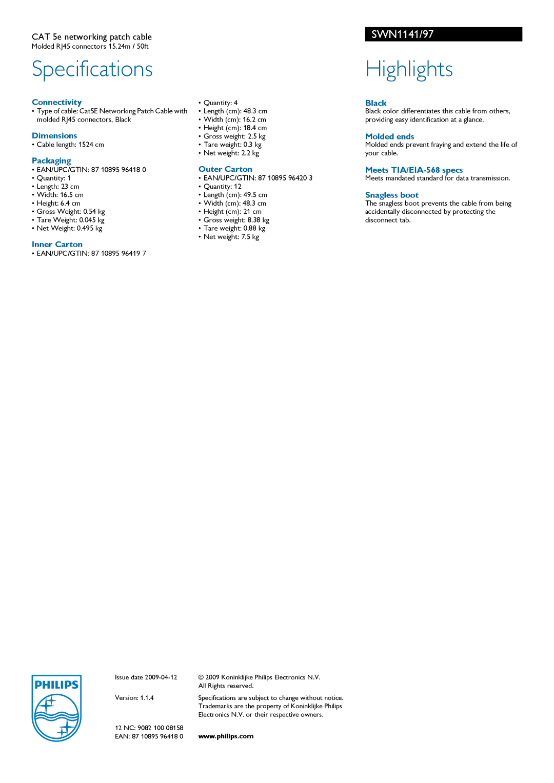 Philips SWN1141/97 specifications Specifications, Highlights 