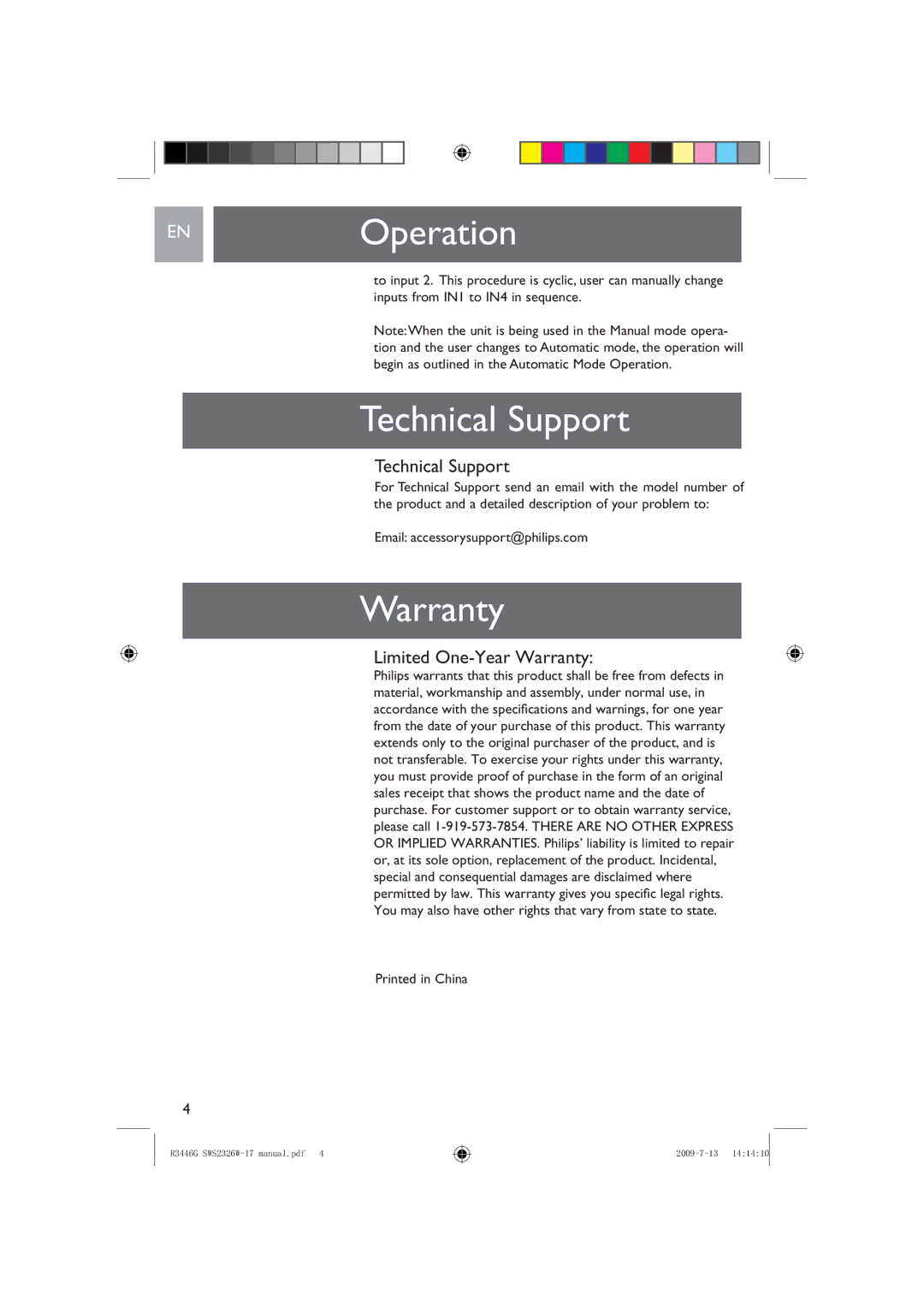 Philips SWS2326W/17 user manual Technical Support, Limited One-Year Warranty 