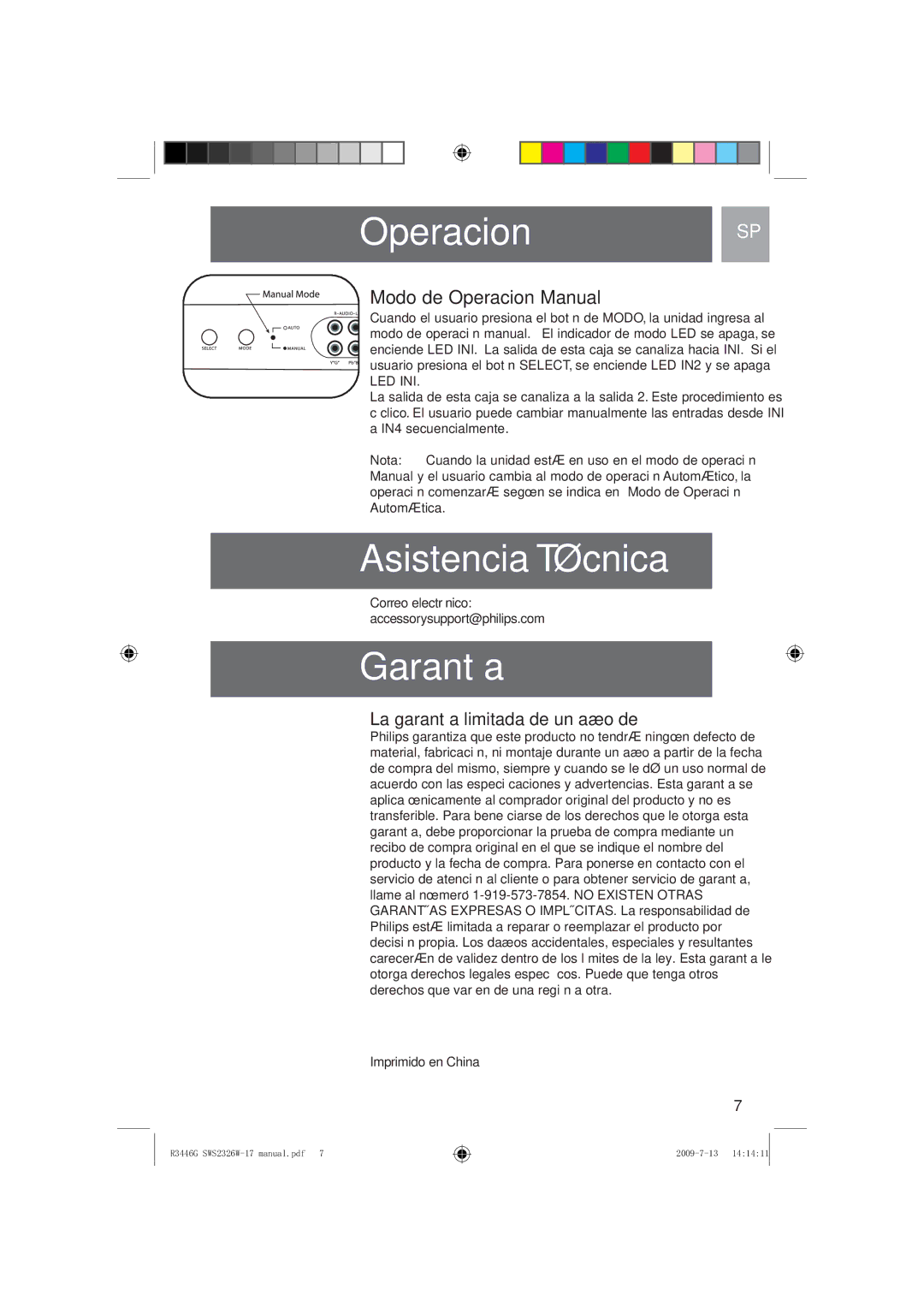 Philips SWS2326W/17 user manual Asistencia Técnica, Garantía, Modo de Operacion Manual 