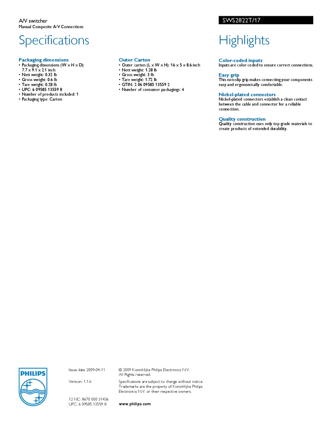 Philips SWS2822T/17 manual Specifications, Highlights 