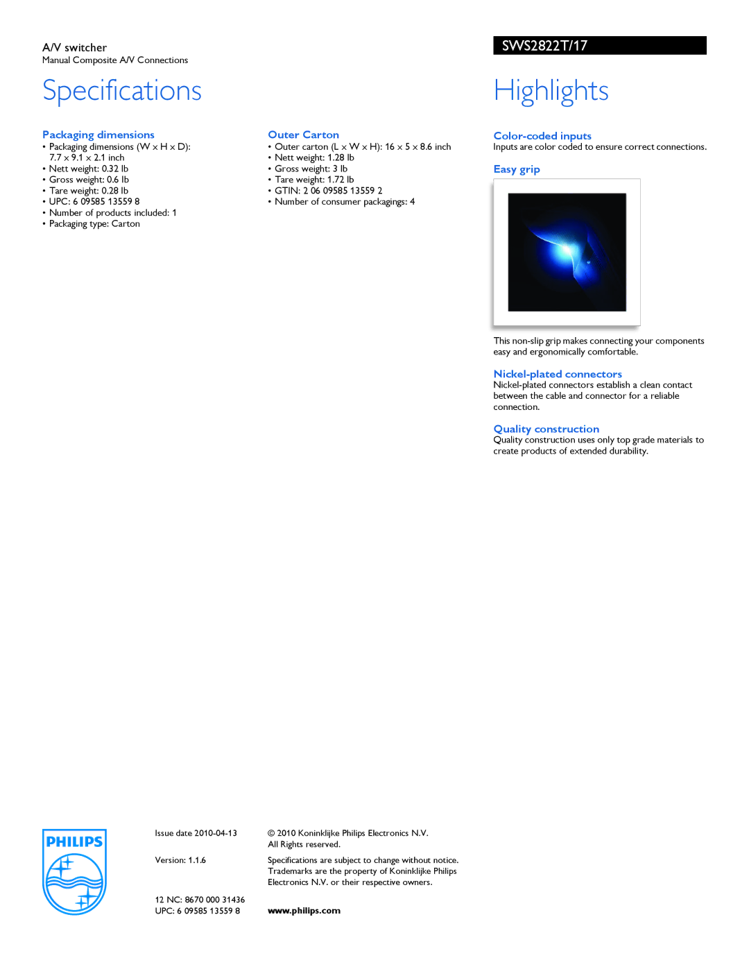 Philips SWS2822T manual Specifications, Highlights 