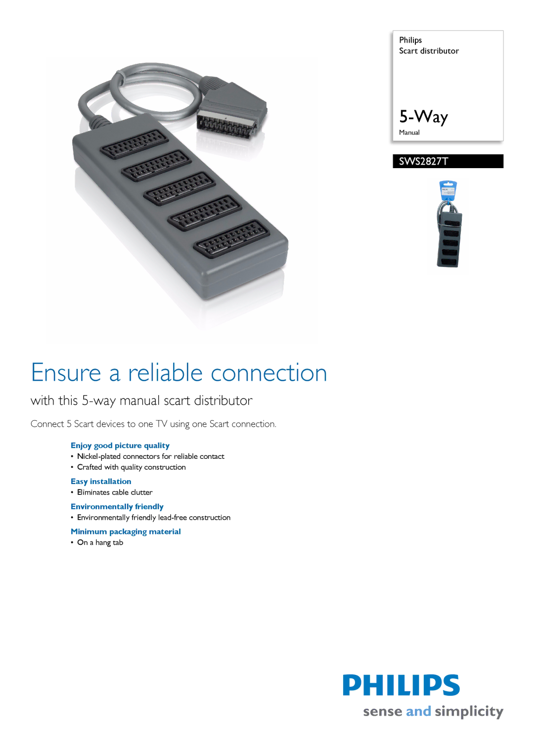 Philips SWS2827T/10 manual Ensure a reliable connection, With this 5-way manual scart distributor 