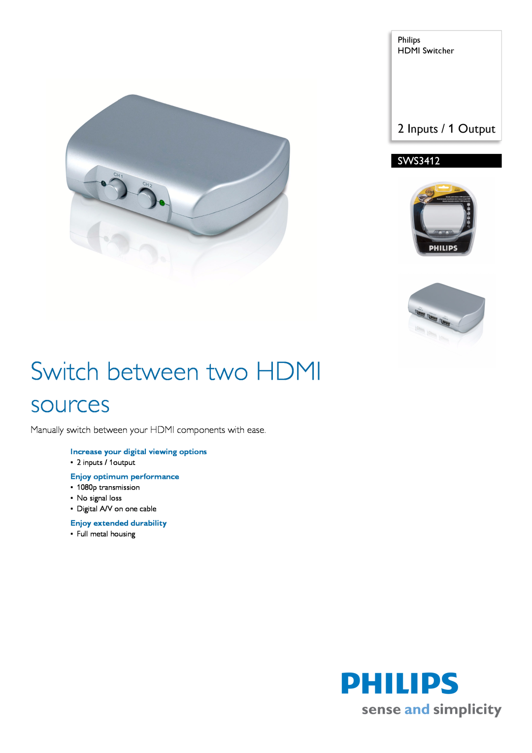 Philips SWS3412/10 manual Philips HDMI Switcher, Increase your digital viewing options, Enjoy optimum performance 