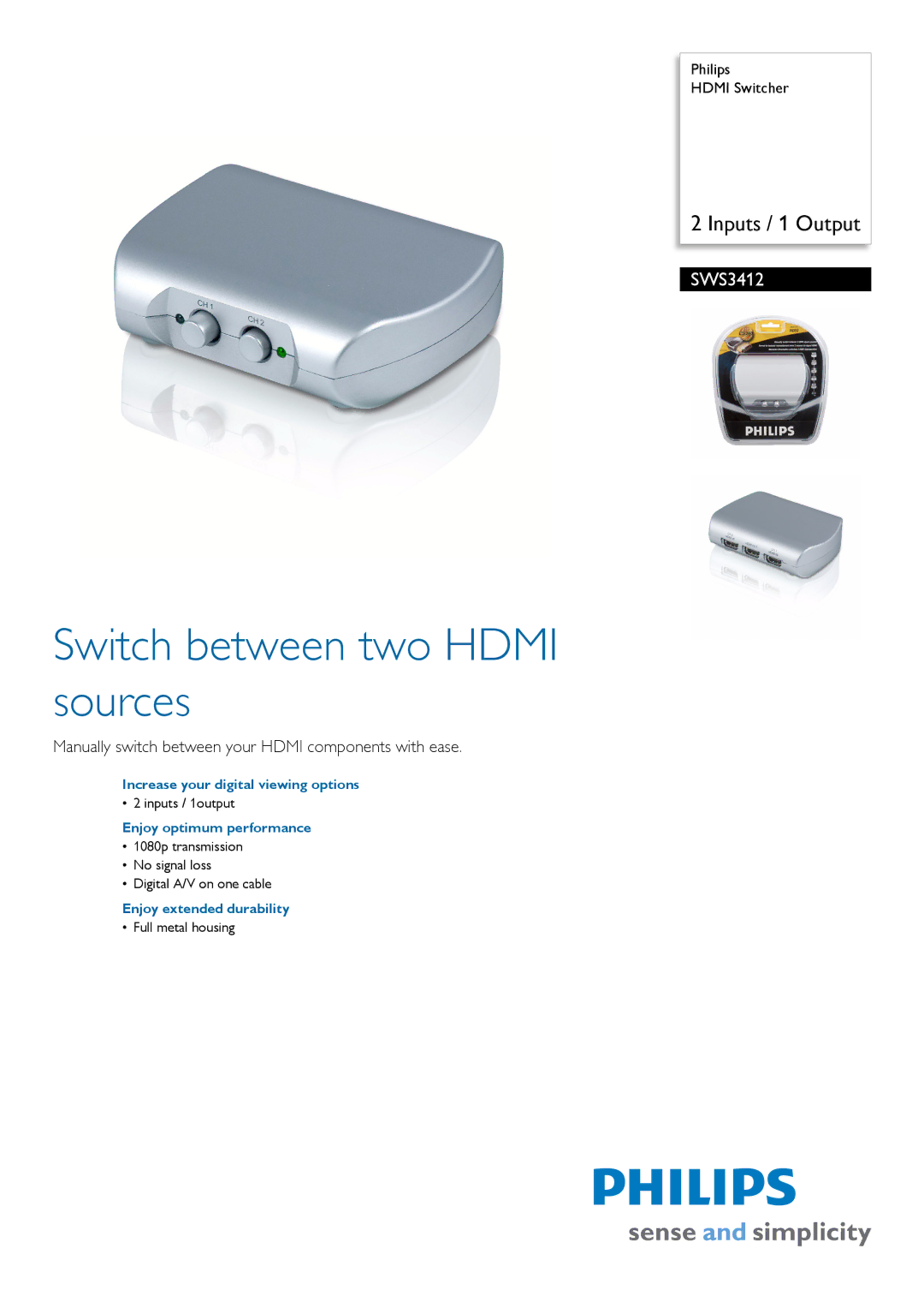 Philips SWS3412/10 manual Switch between two Hdmi sources, Manually switch between your Hdmi components with ease 