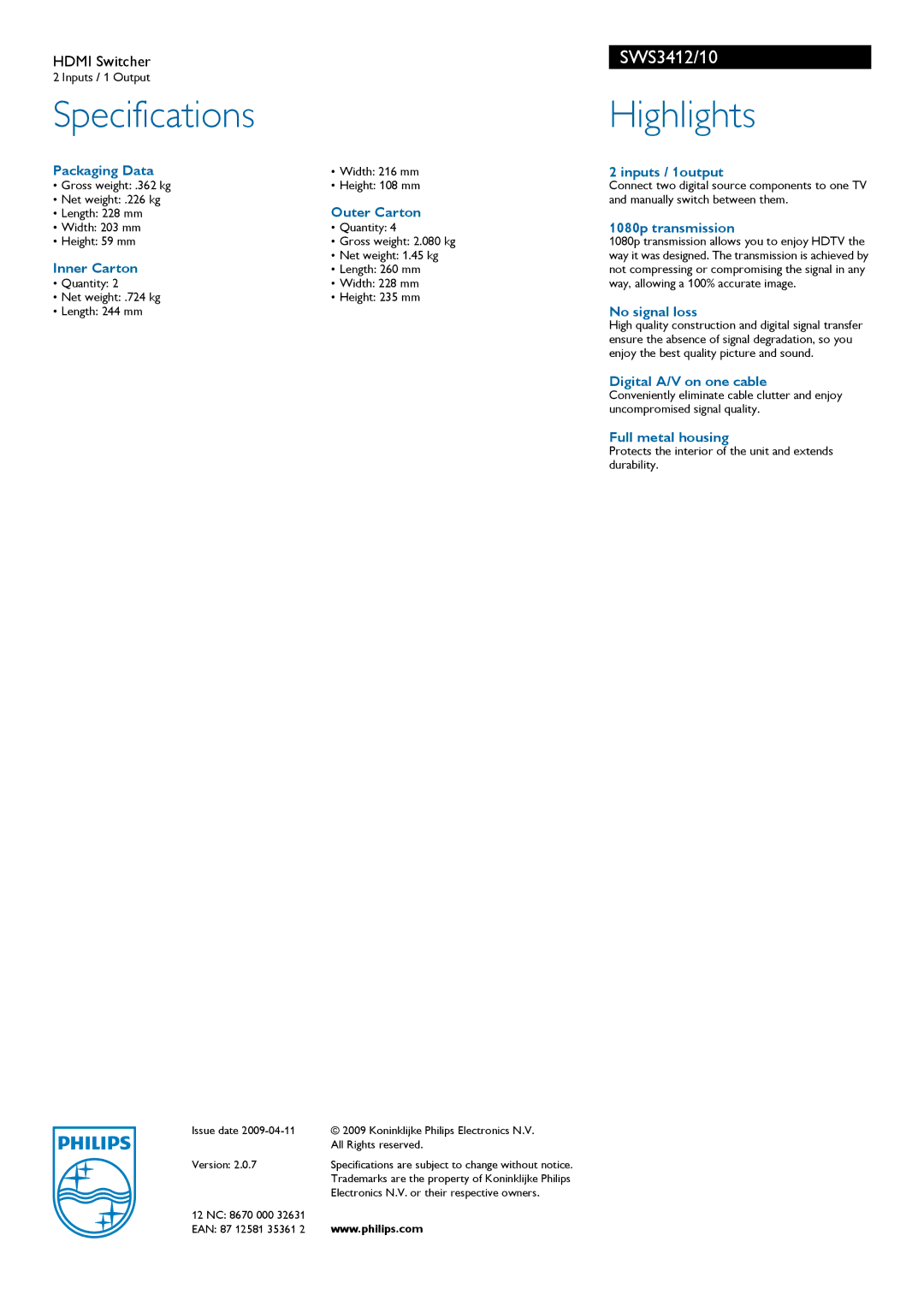 Philips SWS3412/10 manual Specifications, Highlights 