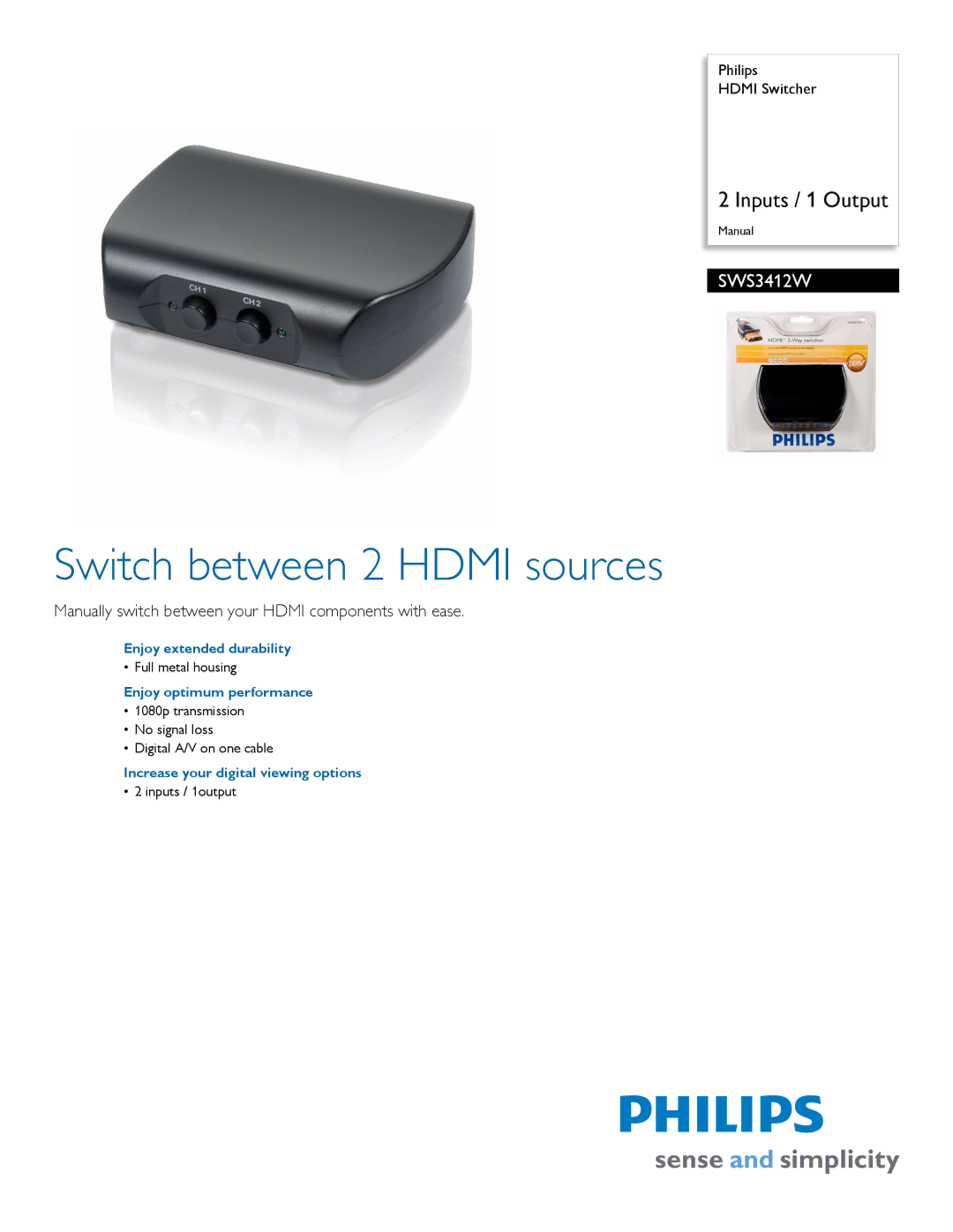 Philips SWS3412W manual Switch between 2 Hdmi sources, Manually switch between your Hdmi components with ease 