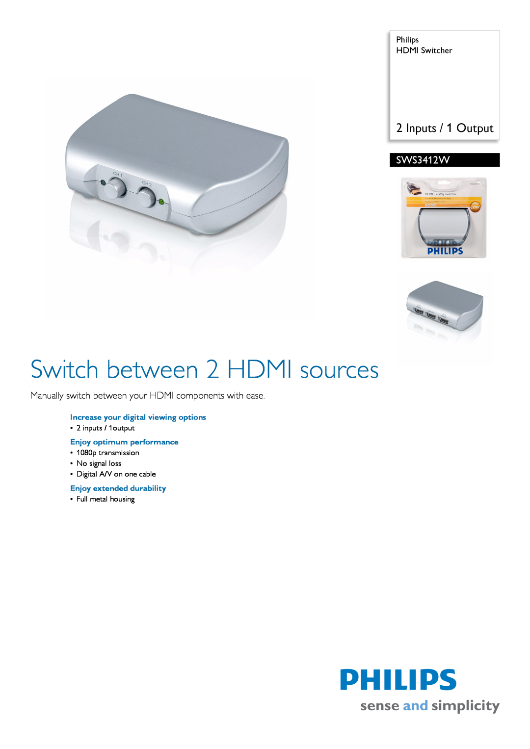 Philips SWS3412W/10 manual Philips HDMI Switcher, Increase your digital viewing options, Enjoy optimum performance 